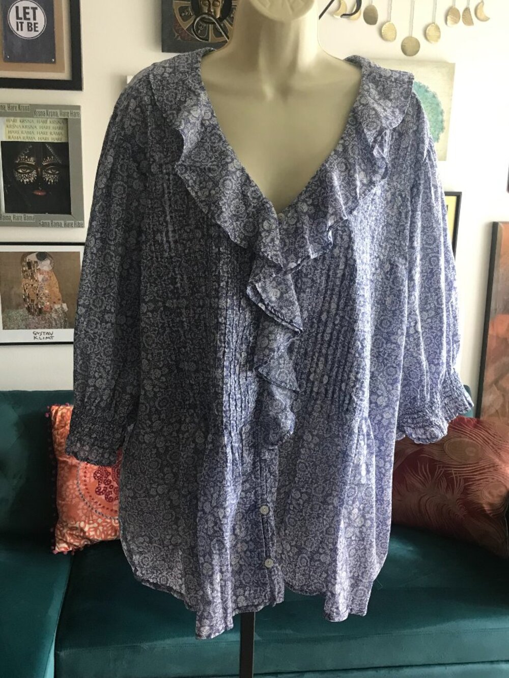 REE by The Pioneer Woman size 3X Blue Floral Cotton Voile Cottagecore Ruffle Top